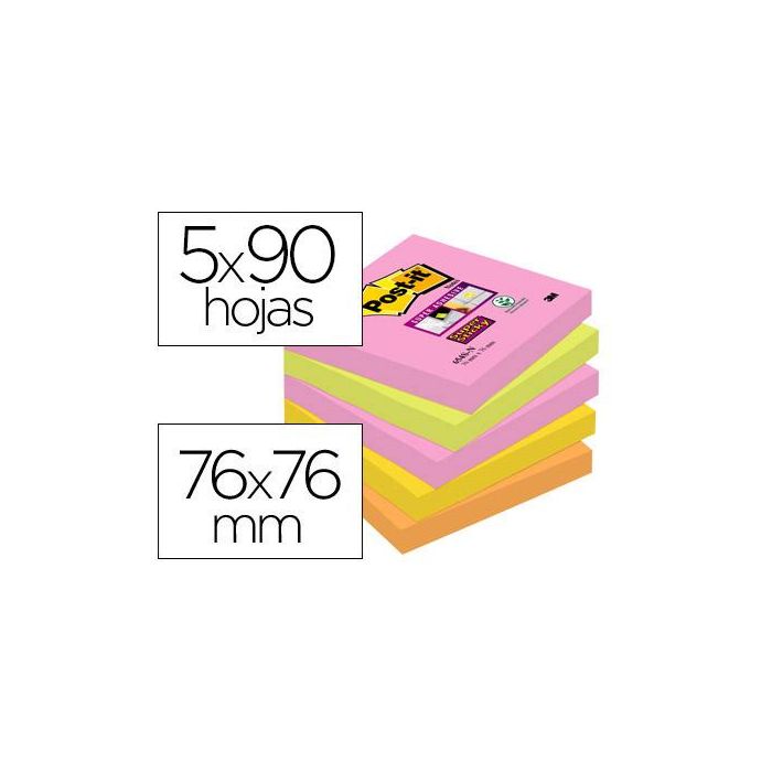 Bloc De Notas Adhesivas Quita Y Pon Post-It Super Sticky 76x76 mm Con 90 Hojas Pack De 5 Bloc Colores Surtidos