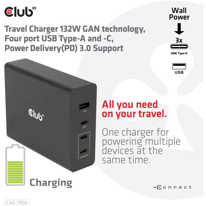 Club3D Ladegerät 3xUSB Typ C. 1xUSB Typ A. PD 132W. GaN retail 8 Club3D Ladegerät 3xUSB Typ C. 1xUSB Typ A. PD 132W. GaN retail 8