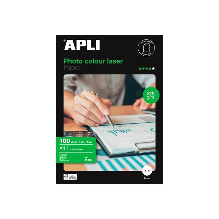 Apli Papel Fotográfico A4 210 gr Láser Doble Cara Paquete 100H Blanco Brillo Apli Papel Fotográfico A4 210 gr Láser Doble Cara Paquete 100H Blanco Brillo