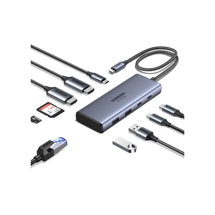UGREEN Hub USB-C 7 en 1 CM498 Base Gris con 2xHDMI 4K 60Hz, 2xUSB-A 10Gbps, 2xUSB-C 10Gbps, PD 100W, Aluminio 1