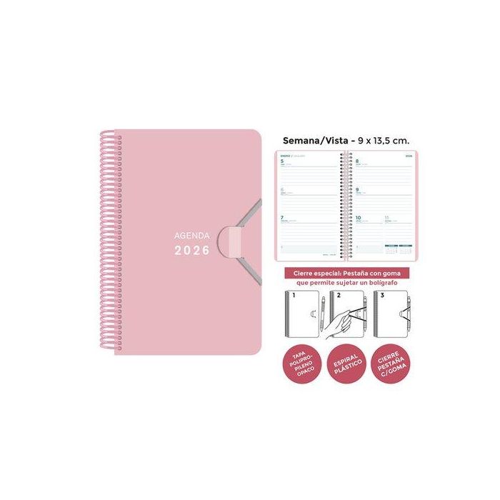 Agenda Anual (2026) Senfort Mini Espiral Tapa Pp Con Goma 90X135 S/V Rosa Pastel