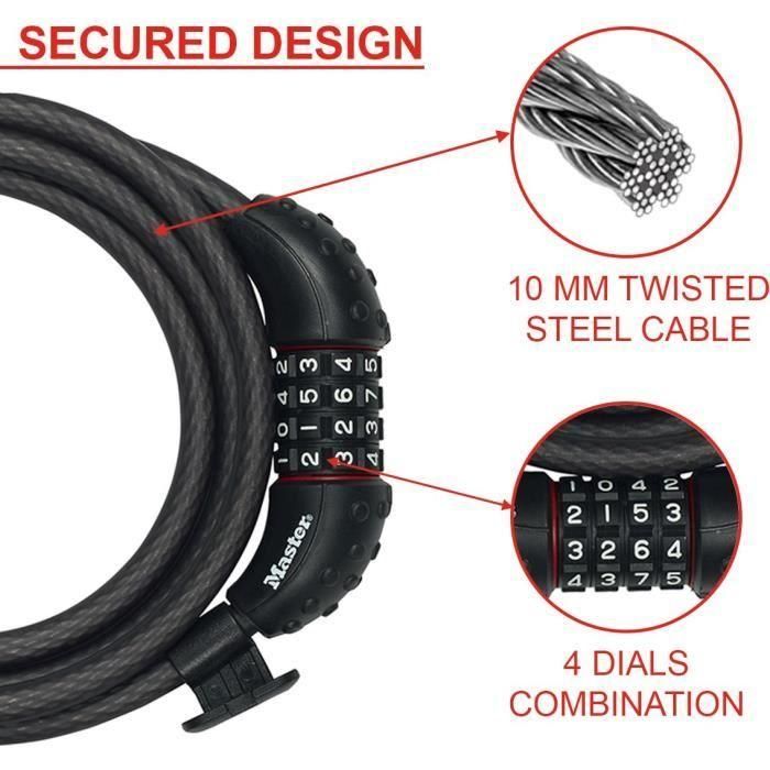 Candado para bicicleta - MASTER LOCK - 8120EURDPRO - Cable de acero trenzado - 1,8 m de longitud 2