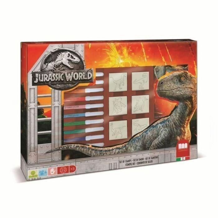 Multiprint 4975 Caja para sellos Jurassic World - 7 sellos madera y látex, 12 rotuladores Giotto, regla y álbum para colorear