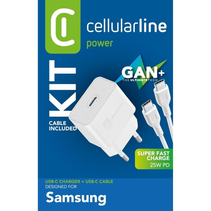 Cellularline Cargador Súper Rápido 25W con Cable USB-C a USB-C para Samsung, Blanco