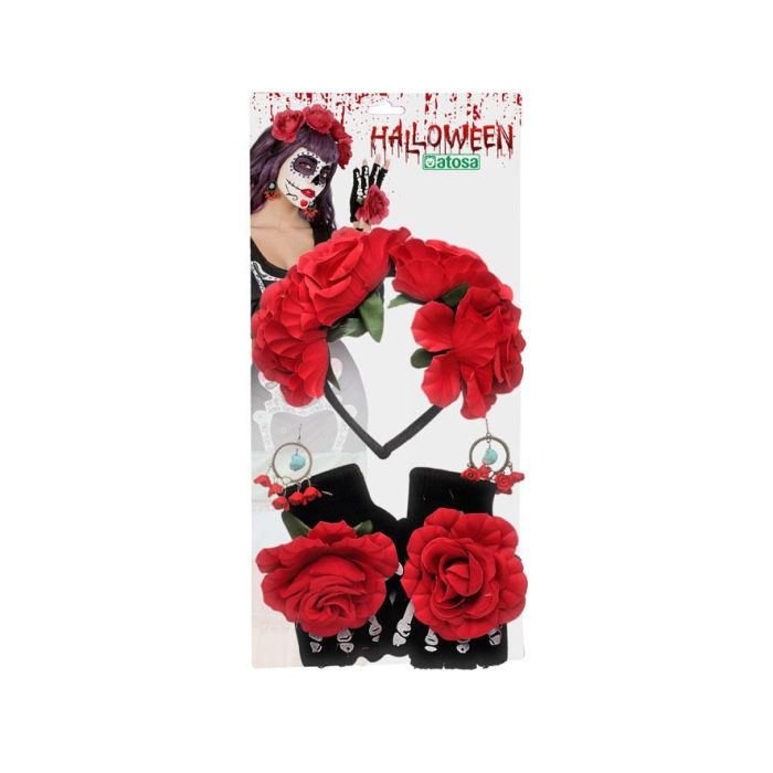 Set Catrina con Diadema de Flores, Guantes y Pendientes 5 Piezas para Día de Muertos y Halloween 1