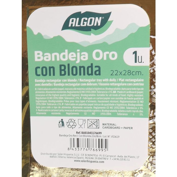 Bandeja Rectangular Oro con Blonda 22x28 cm - Algon (30 Unidades) 1 Bandeja Rectangular Oro con Blonda 22x28 cm - Algon (30 Unidades) 1