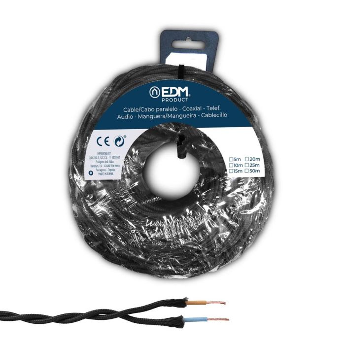 Edm Carrete cable paralelo textil trenzado H05VV-F 2x1,50 mm² negro 25 m 0 Edm Carrete cable paralelo textil trenzado H05VV-F 2x1,50 mm² negro 25 m 0