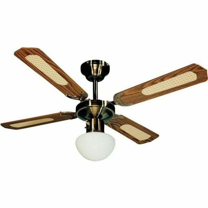 FARELEK - BALI Ø 107 cm - Ventilador de techo reversible en latón antiguo, 4 aspas de nogal ahogado / estañado + iluminación