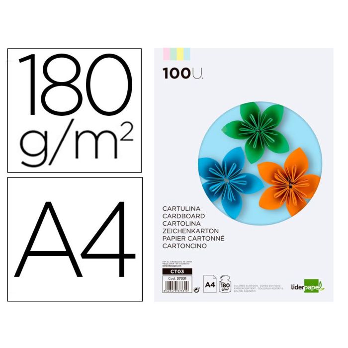 Cartulina Liderpapel A4 180 gr-M2 4 Colores Surtidos Paquete De 100 Hojas