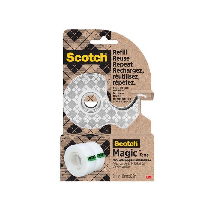 Scotch Dispensador De Acero Inoxidable Recargable Para Cinta Adhesiva + 2 Rollos De 19 mmx13,9M