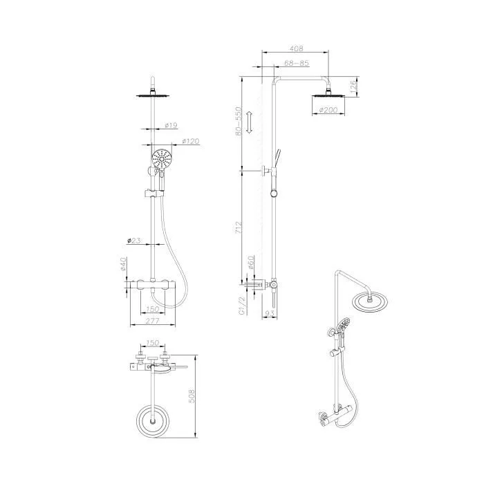 Oceanic Columna de ducha Mezclador termostático Cabezal redondo ø 20 cm Negro mate Ducha de mano 3 chorros Altura regulable Acero Inoxidable