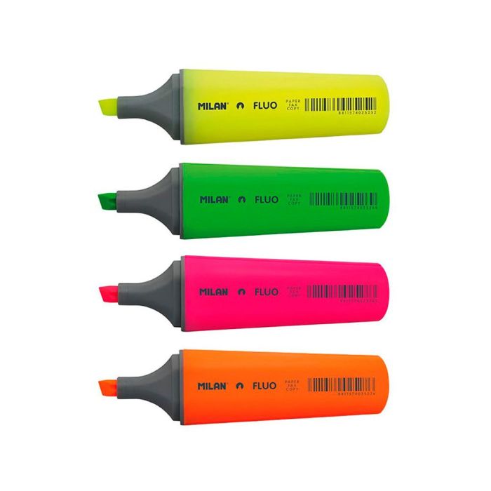 Pack con 4 marcadores fluorescentes punta biselada milan colores / modelos surtidos 1 Pack con 4 marcadores fluorescentes punta biselada milan colores / modelos surtidos 1