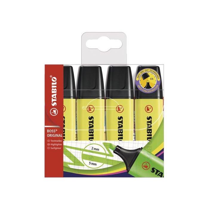 Stabilo Marcador Fluorescente Boss Original Amarillo, Blíster 4 Ud, Tecnología Antisecado