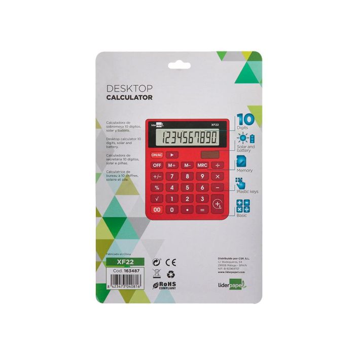 Calculadora Liderpapel Sobremesa Xf22 10 Digitos Solar Y Pilas Color Rojo 127x105x24 mm 6