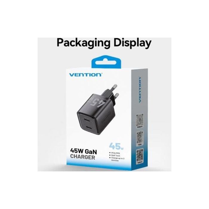 Cargador de Pared GaN Vention FEFB0-EU/ 2xUSB Tipo-C/ 45W 4