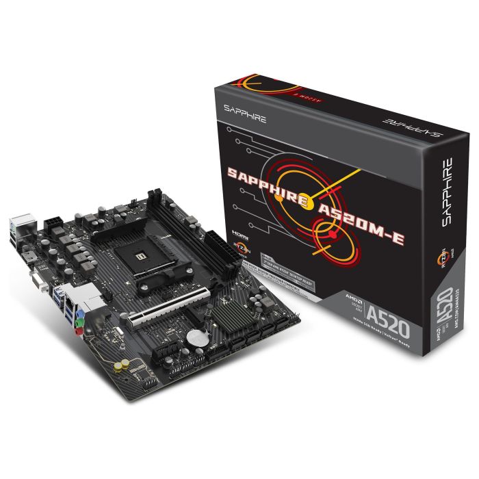 Sapphire A520M-E Placa Base AMD A520, Socket AM4, micro-ATX, Compatible con Ryzen 3000/4000/5000 Series, DDR4 64 GB, PCIe 3.0, M.2, HDMI, VGA 5
