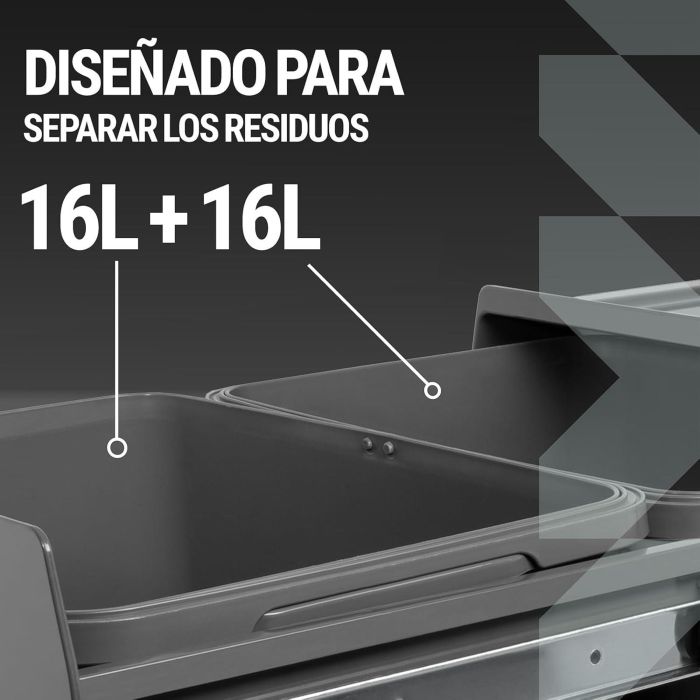 HERRAJES ALK Cubo de Basura Extraíble 2x16L Midi Light Antracita con Tirador H350 para Mueble de Cocina. Plástico resistente. Hecho en España. 2
