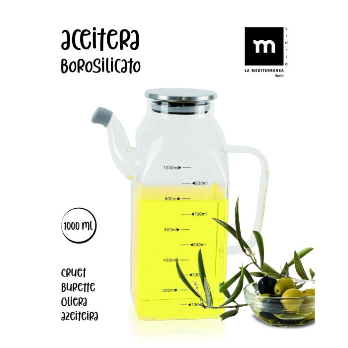 La Mediterranea Aceitera Cuadrada Borosilicato y Tapa Metal 1000 ml - 8,5 cm x 22 cm x 17 cm (6 Unidades)