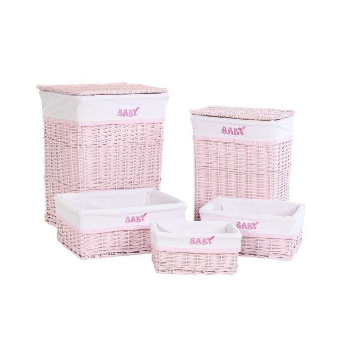 DKD Home Decor Cesta de Ropa para Bebé, Set de 5, Rosa, Mimbre y Poliéster, 34x44x56 cm DKD Home Decor Cesta de Ropa para Bebé, Set de 5, Rosa, Mimbre y Poliéster, 34x44x56 cm