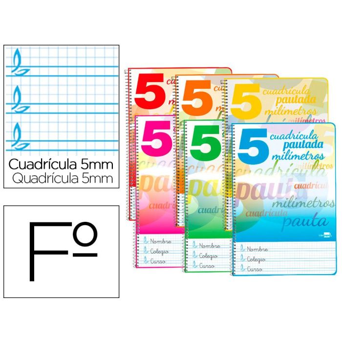 Cuaderno Espiral Liderpapel Folio Pautaguia Tapa Blanda 80H 75 gr Cuadro Pautado 5 mm Con Margen Colores Surtidos 8 unidades