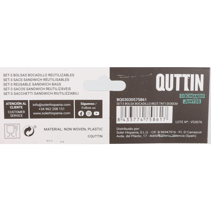 Set de 3 bolsas para bocadillos reutilizables Quttin 13x30 cm (36 Cajas) 5 Set de 3 bolsas para bocadillos reutilizables Quttin 13x30 cm (36 Cajas) 5