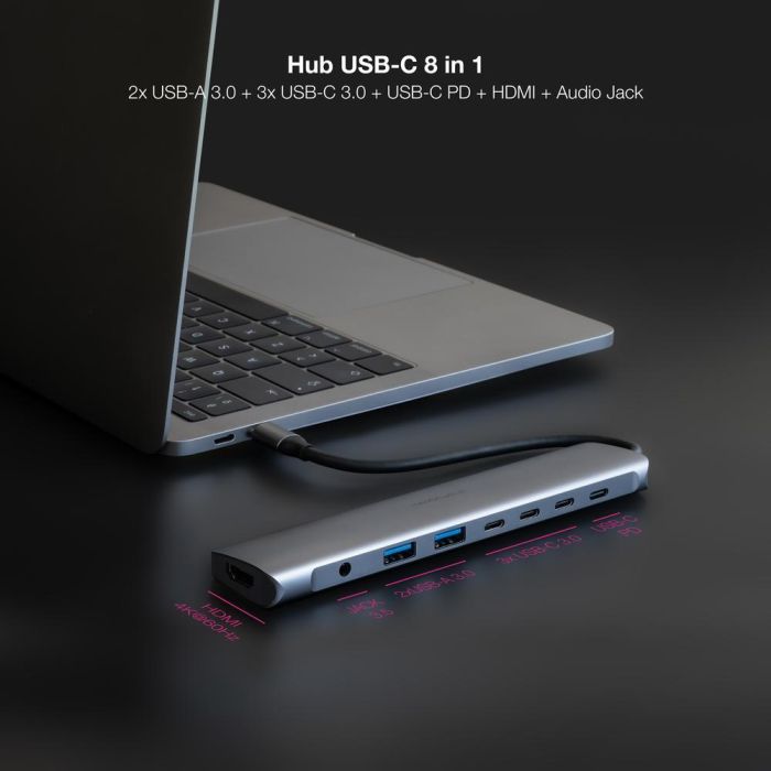 Nanocable 10.16.4608 Hub USB-C 8 en 1 Estación Acoplamiento 2x USB-A 3.0, 3x USB-C 3.0, HDMI 4K 60Hz, Jack 3.5mm, PD 100W, Gris Aluminio 2