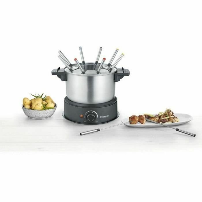 Severin FO2473 Fondue eléctrica para 8 personas con olla de acero inoxidable extraíble 1.4L, protector salpicaduras y 8 tenedores 2