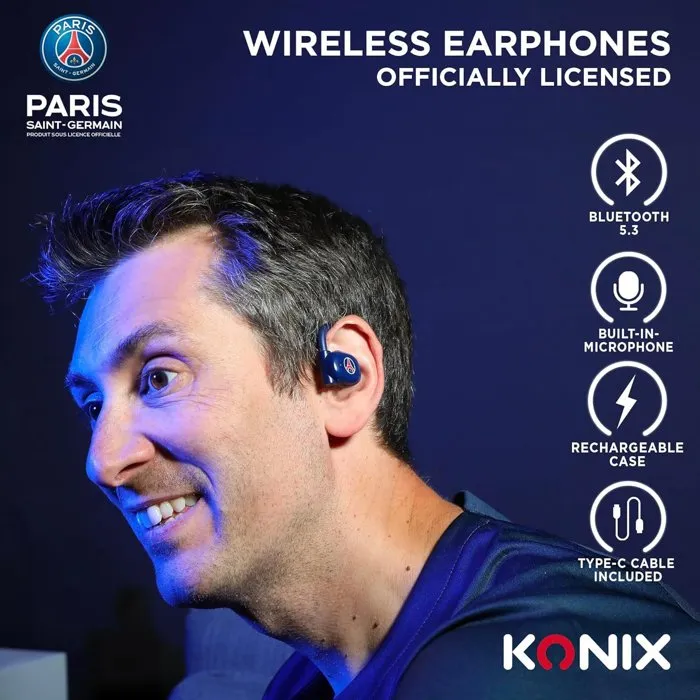 Konix Auriculares Deportivos Inalámbricos PSG Bluetooth 5.3 - Transductores 16.2 mm, 12 Horas Batería, Alcance 10 m, Azul - Ref. KON3328170300162