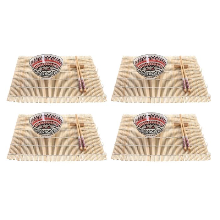 DKD Home Decor Set de Vajilla para Sushi Oriental 16 Piezas Multicolor Bambú Gres Apto Lavavajillas Microondas 14.5x31x14.5 cm 1