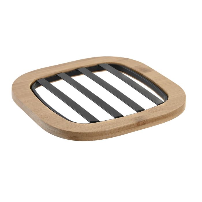 DKD Home Decor Salvamantel Cuadrado Básico de Acero y Bambú Negro Natural Colección Iron Black 17x17x1 cm