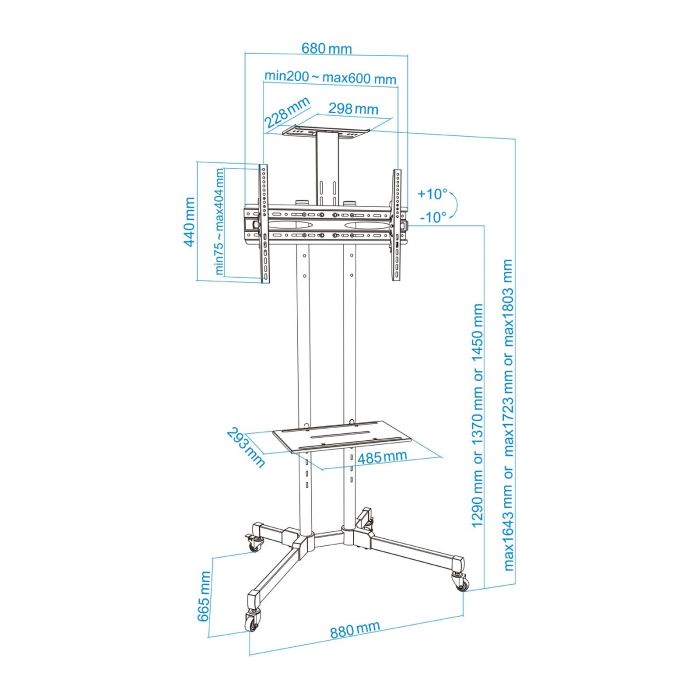 TooQ FS1470M-B Soporte de Suelo Inclinable Ajustable para TV 37-70" hasta 50kg VESA 200x200-600x400 con Ruedas y Bandejas Negro 2 TooQ FS1470M-B Soporte de Suelo Inclinable Ajustable para TV 37-70" hasta 50kg VESA 200x200-600x400 con Ruedas y Bandejas Negro 2