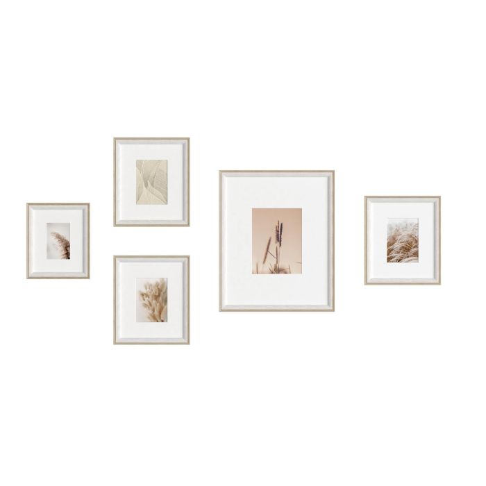 DKD Home Decor Marco de Fotos Estilo Boho Natural Blanco Set de 5, 45 cm Alto x 32.5 cm Ancho x 1.5 cm Fondo, Mdf y Cristal