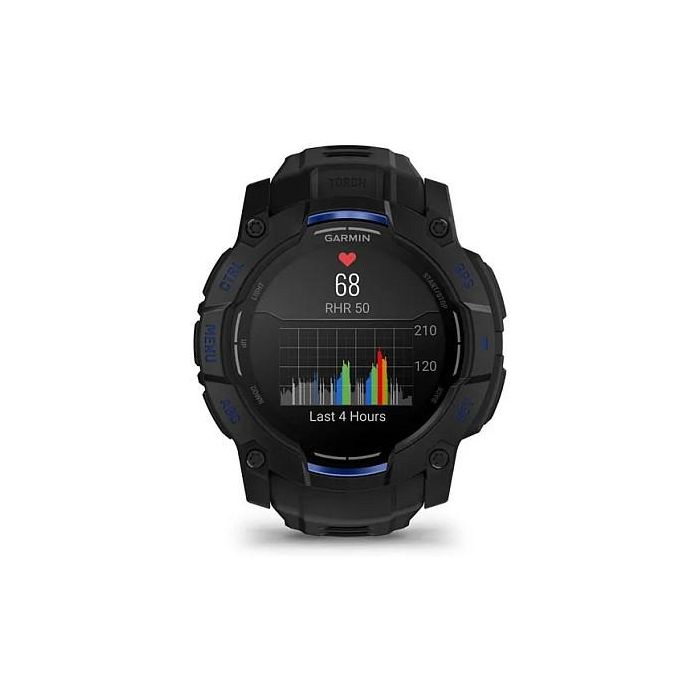Garmin Instinct 3 Reloj Inteligente con Pantalla AMOLED de 45 mm, GPS, Caja de Aluminio y GFRP, Correa de Silicona Intercambiable Negro/Azul Bolt, Resistencia al Agua 10 ATM