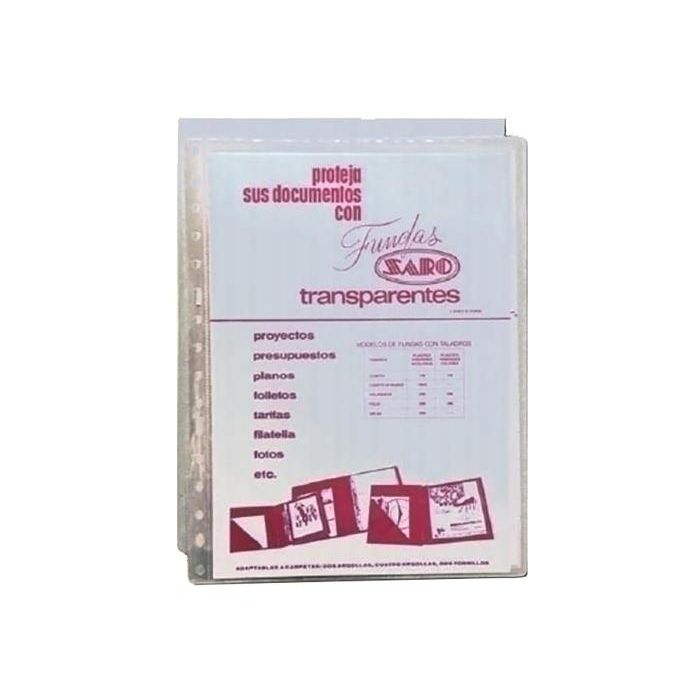 Saro Funda Multitaladro Folio 90 mc PVC Cristal, 16 Taladros, Lomo Reforzado, Transparente, Caja de 100 Unidades