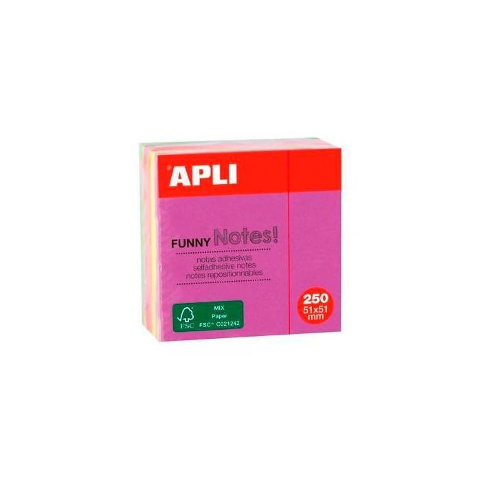 Apli Cubo De Notas Adhesivas Funny 51x51 mm Mini-Cubo 250H Colores Fluorescentes Surtidos Apli Cubo De Notas Adhesivas Funny 51x51 mm Mini-Cubo 250H Colores Fluorescentes Surtidos