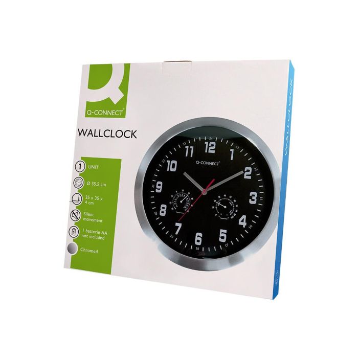 Reloj Q-Connect De Pared Metalico Redondo 35,5 cm Movimiento Silencioso Color Cromado Con Esfera Negra 8