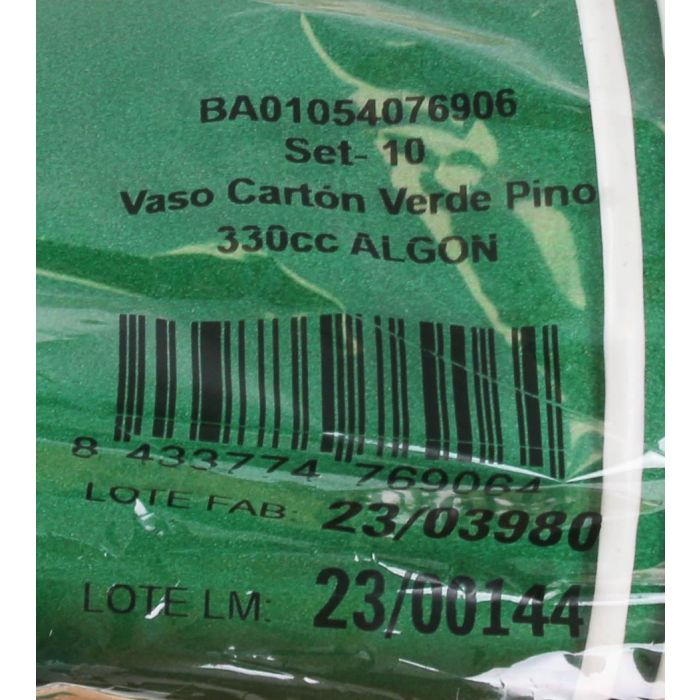 Algon Set 10 Vasos Cartón Verde Pino 330 cc (20 Unidades)