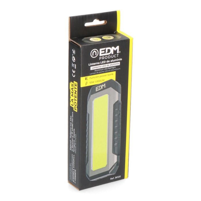 Edm Linterna LED de Aluminio Recargable, Potencia 10W, Función Power Bank, 1000 Lumens, Imán y Gancho Incluido 5