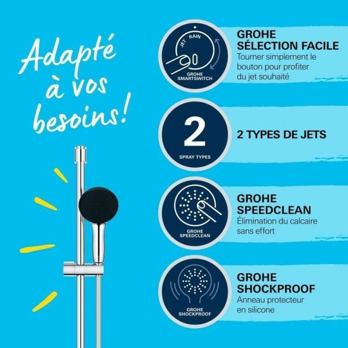 Grohe 26951001 Set de Ducha Vitalio Start 110 con Rociador de 2 Chorros, Barra 60 cm y Flexo, Cromo, Ahorro de Agua 1