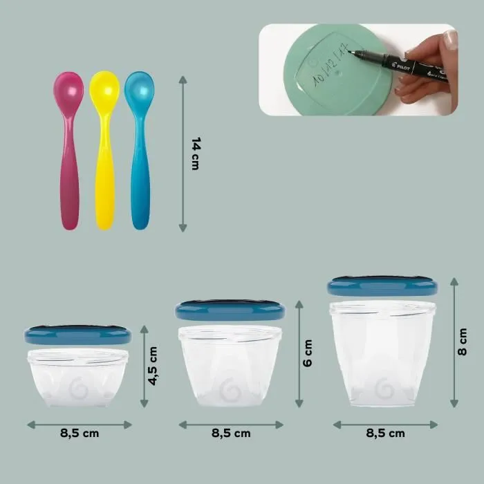 Babymoov Babybols Kit XXL MultiSet 12 Tarros de Almacenamiento y 3 Cucharas Blandas para Comida de Bebé 4