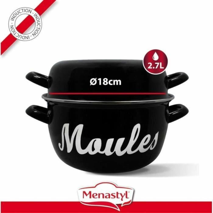 Menastyl 3645563 Olla para mejillones de Acero esmaltado Negra 18 cm con inscripción, apta para todo tipo de fuegos incluida inducción 4