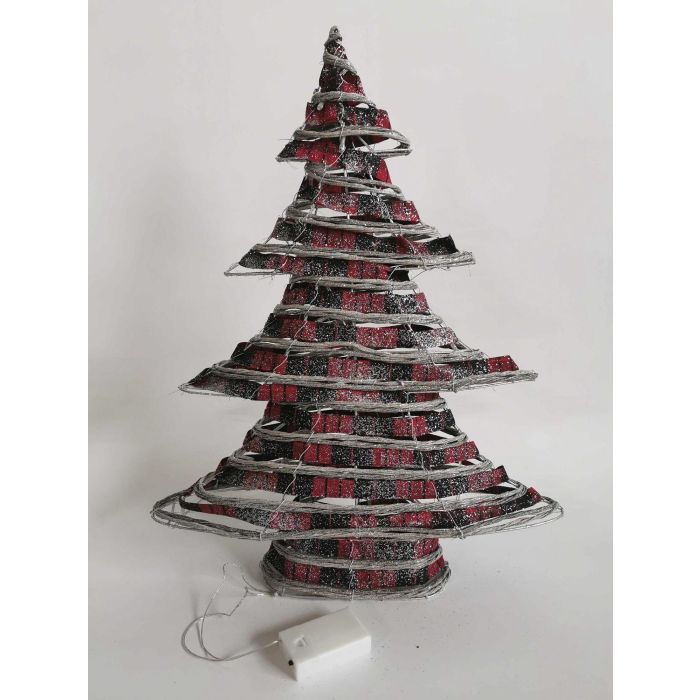 DKD Home Decor Árbol de Navidad Alpina LED Ratán Natural y Rojo, 60 cm Alto. Funciona con 3 Pilas AA. Ideal Decoración Hogar