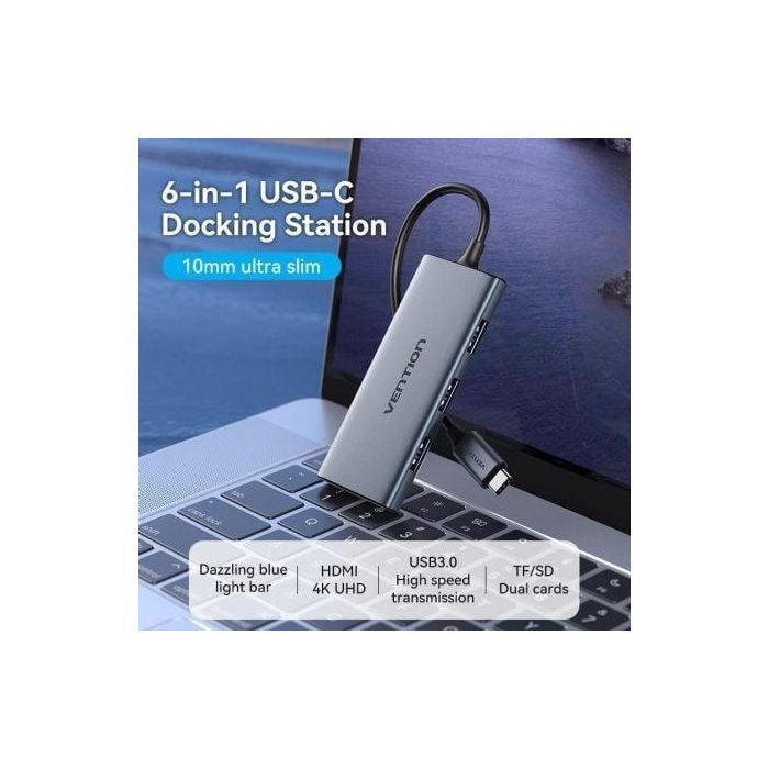 Vention TOOHB Docking USB Tipo-C HDMI 4K, 3xUSB, Lector Tarjetas TF/SD, Hub Multipuerto Gris para Portátil y Teléfono 1 Vention TOOHB Docking USB Tipo-C HDMI 4K, 3xUSB, Lector Tarjetas TF/SD, Hub Multipuerto Gris para Portátil y Teléfono 1