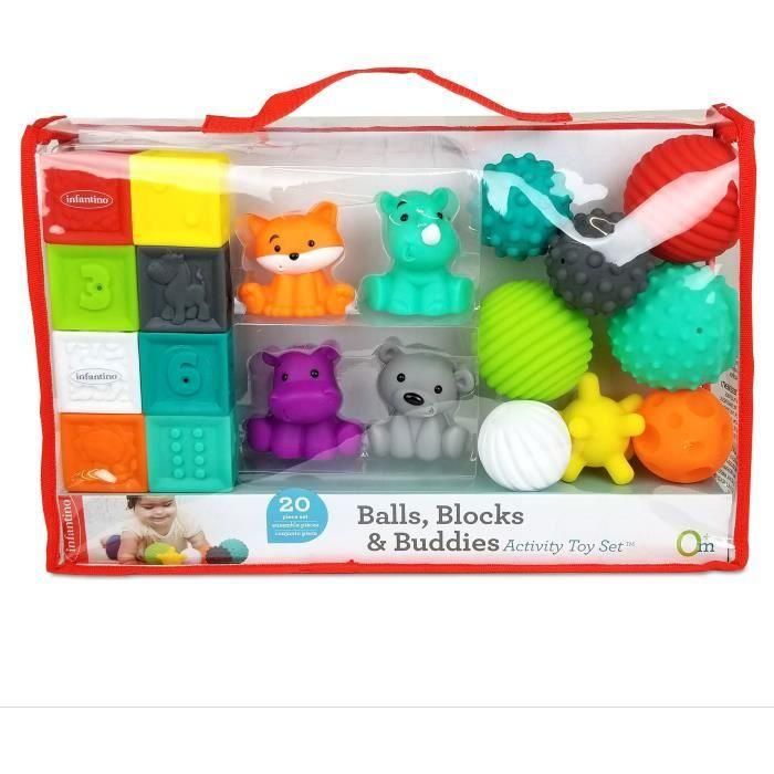 INFANTINO Senso Juego de 8 bolas blandas, 8 cubos sensoriales y 4 aspersores de animales. INFANTINO Senso Juego de 8 bolas blandas, 8 cubos sensoriales y 4 aspersores de animales.