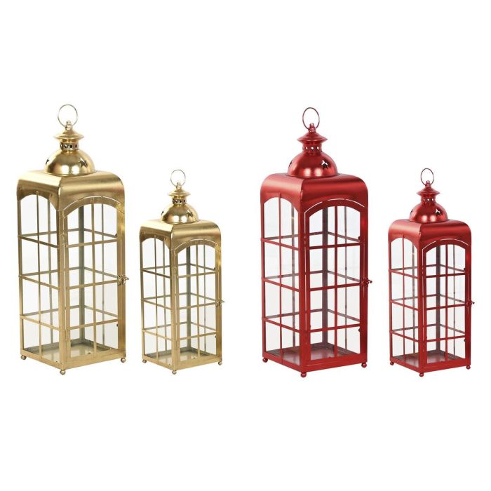 DKD Home Decor Farola Navidad Tradicional Rojo Dorado 21x63x21 cm Set de 2 Metal Cristal
