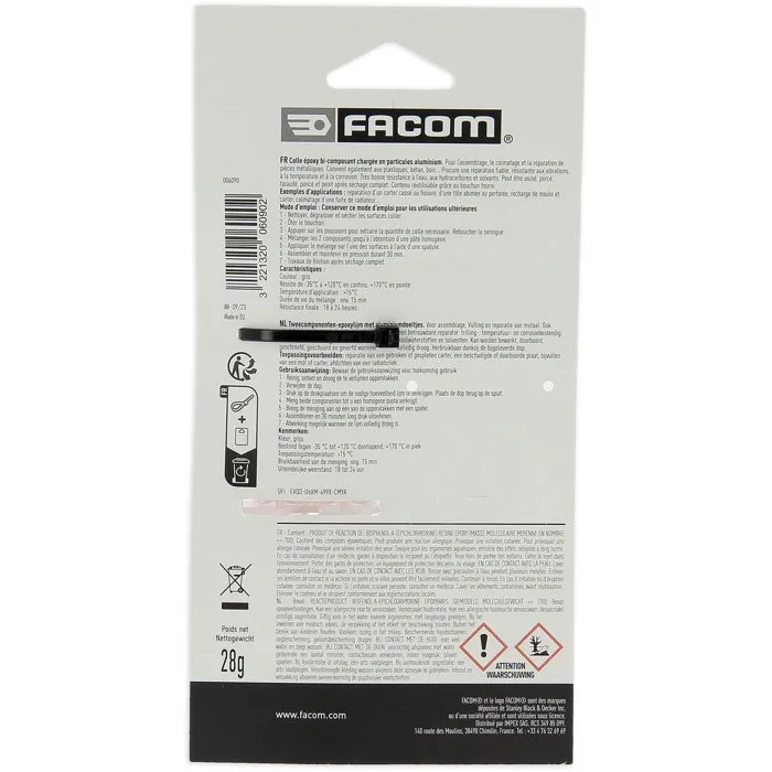 FACOM Adhesivo Epoxi Bicomponente con Tapón - Jeringa para Montaje y Reparación Metálica - 28g 3