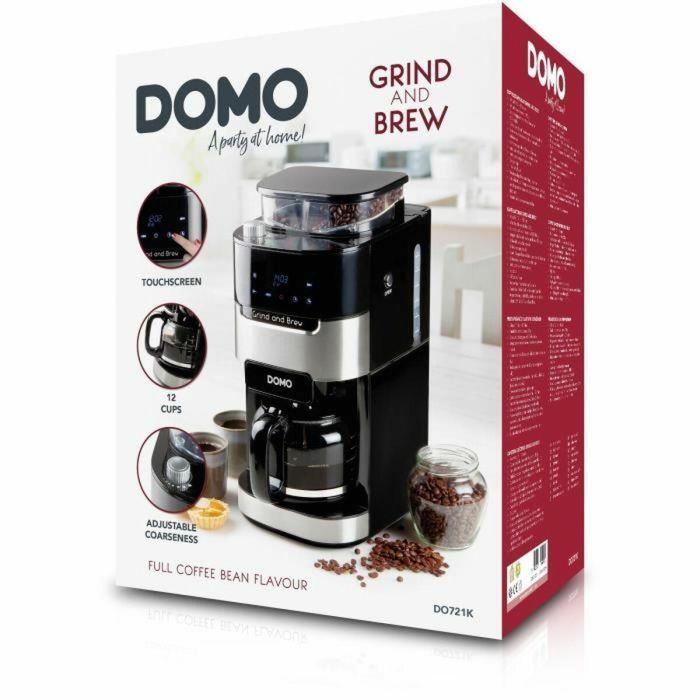 DOMO DO721K - Cafetera 1.5L - 12 tazas - Pantalla LCD, botones táctiles - Molinillo de café integrado - Temporizador - 3 intensidades 1