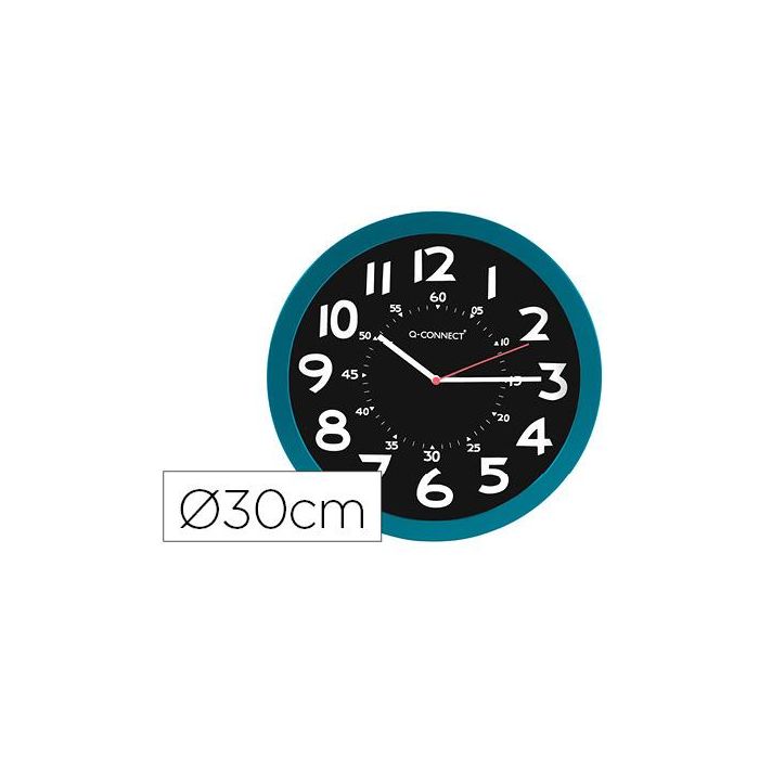 Reloj Q-Connect De Pared Plastico Oficina Redondo 30 cm Color Azul Y Esfera Color Negro