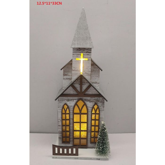 DKD Home Decor Casa Navidad Tradicional Tipo Iglesia Iluminada LED con Pilas LR44, Marrón Verde MDF, 33 cm Alto, 11x12.5 cm Base, Pack 2 Unidades 1