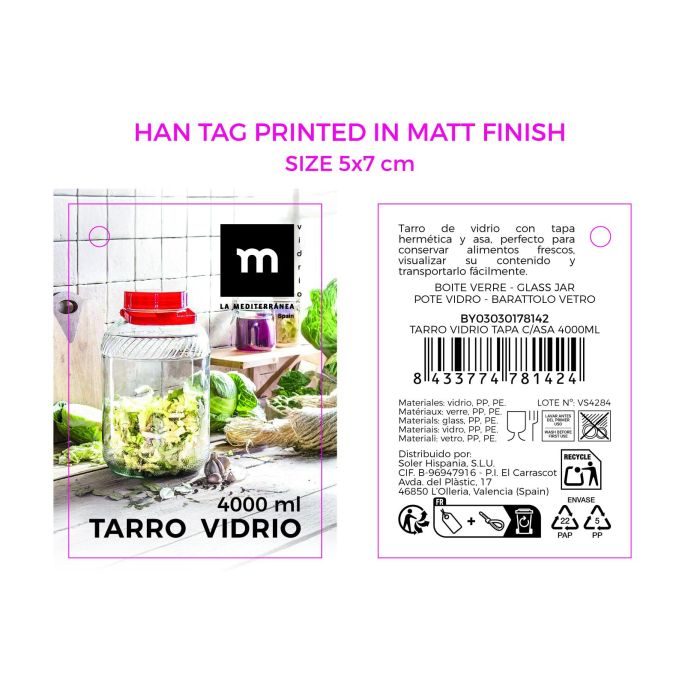 La Mediterranea Tarro de Vidrio con Tapa y Asa 4000 ml – 17.3x17.3x27 cm (4 Unidades) 3